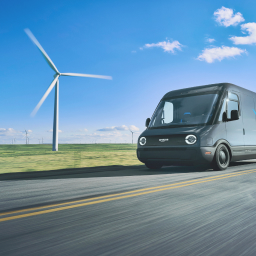 An electric delivery van driving on a Road.