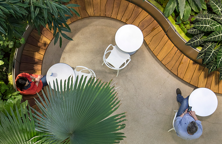 Two people sit working at tables surrounded by greenery.